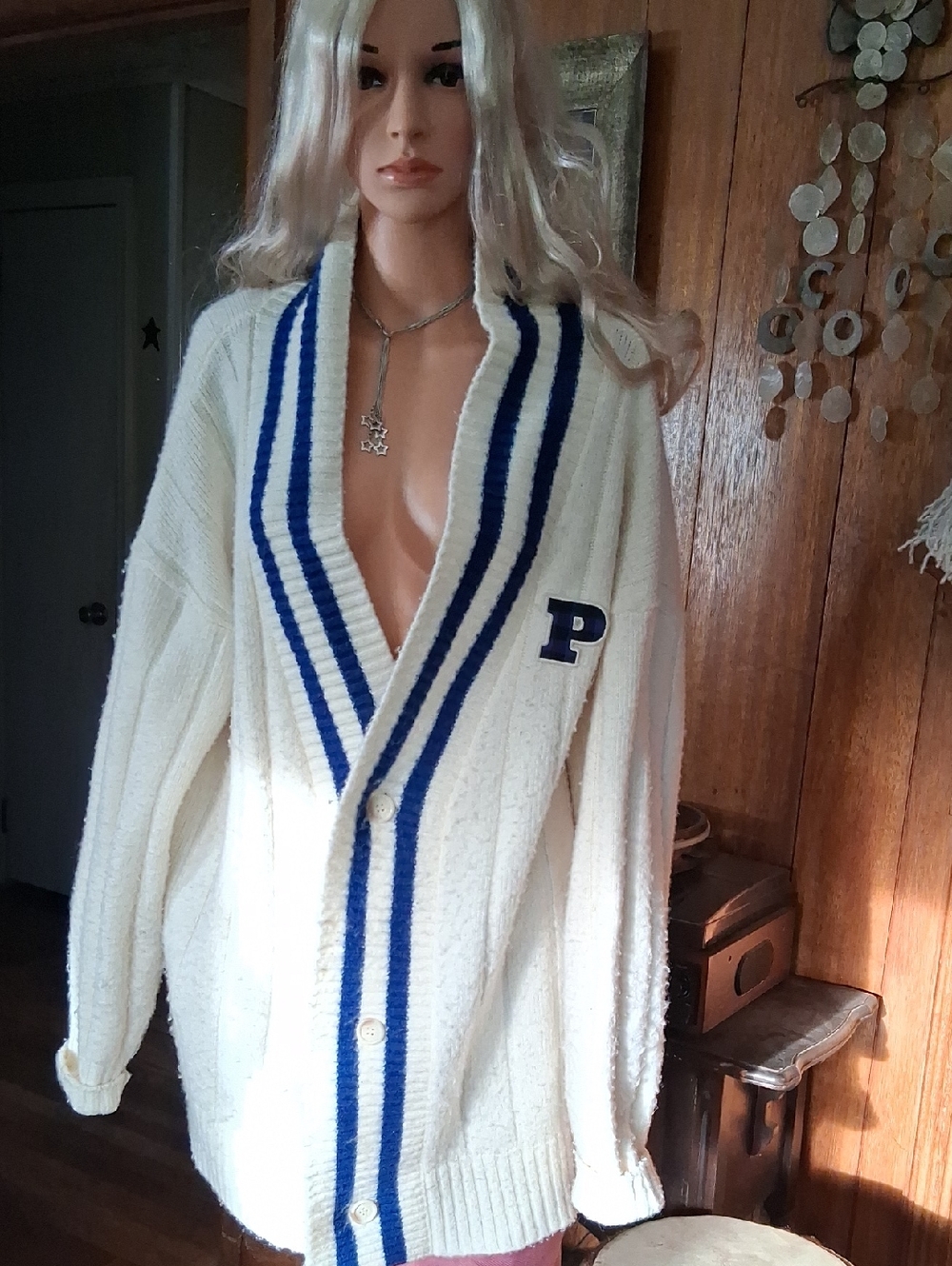 PINK Victoria's Secret White Shawl Cardigan with Navy Stripes